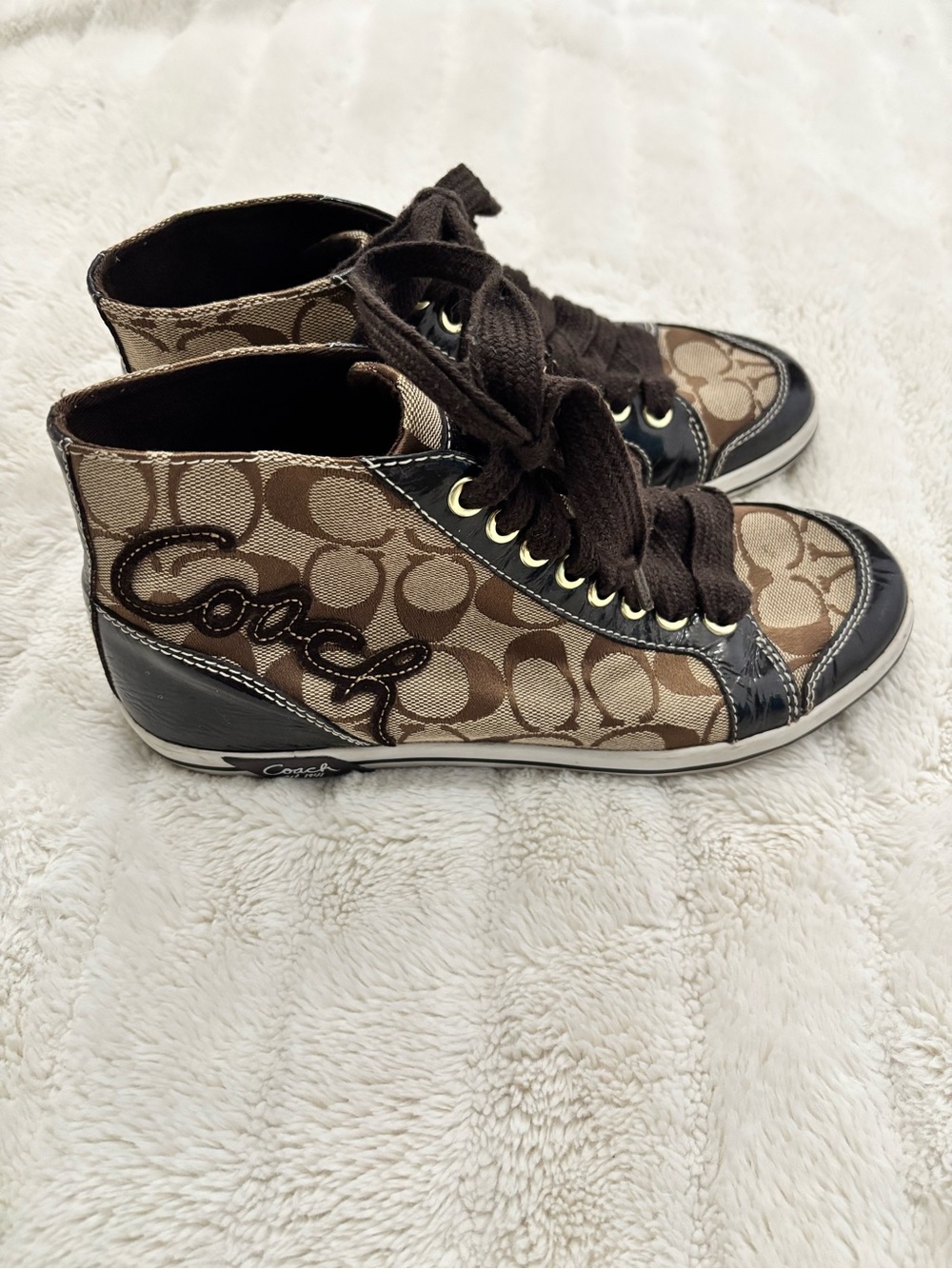 Coach High-Top Signature Canvas Sneakers in Tan and Dark Brown Size 7.5 - Picture 7 of 14